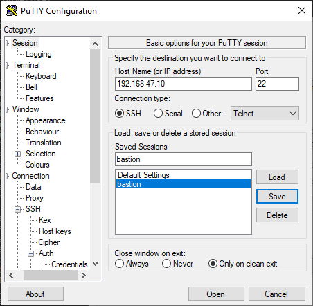 Saving the settings in PuTTY
